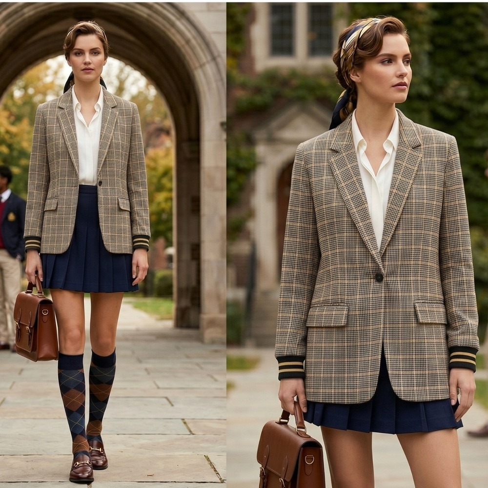 Summum Woman Amsterdam‎ Luxury Jersey Plaid Blazer Jacket Gold Stripe Cuff Small
